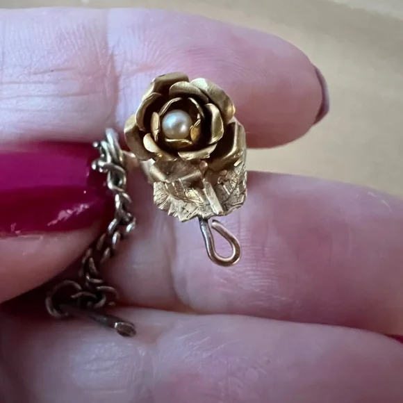 VINTAGE SOLID 14K YELLOW GOLD ROSE FLOWER PEARL TIE LAPEL PIN RARE UNUSUAL